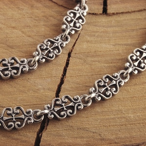 Floral Design Chain Necklace, 925 Solid Sterling Silver Oxidized, Artisan Cross and Curves Pattern Links, Gift for Men and Women