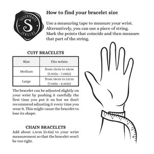 A guide to help you find your bracelet size based on the size of the bracelet and the wrist. the guide states the medium size bracelet fits wrists from 15cm to 18cm or 5.90inch to 7.08inch and the large size from 18cm to 21cm or 7.08inch to 8.26inch.
