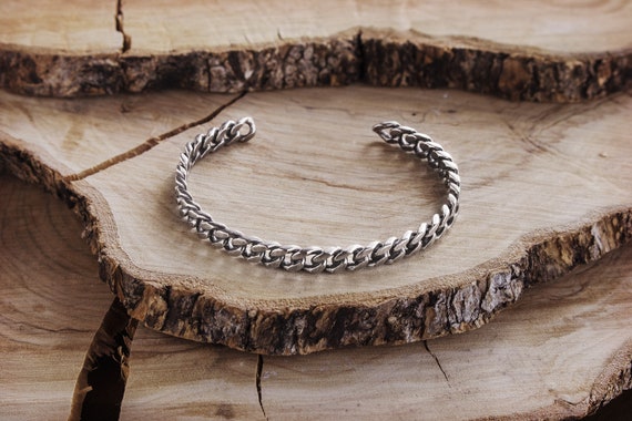Fixed Chain Oxidized, Unisex Cuff Bracelet, 925 Sterling Silver, Chain Style Oval Bracelet, Black Silver Open Bangle, Gift for Her and Him