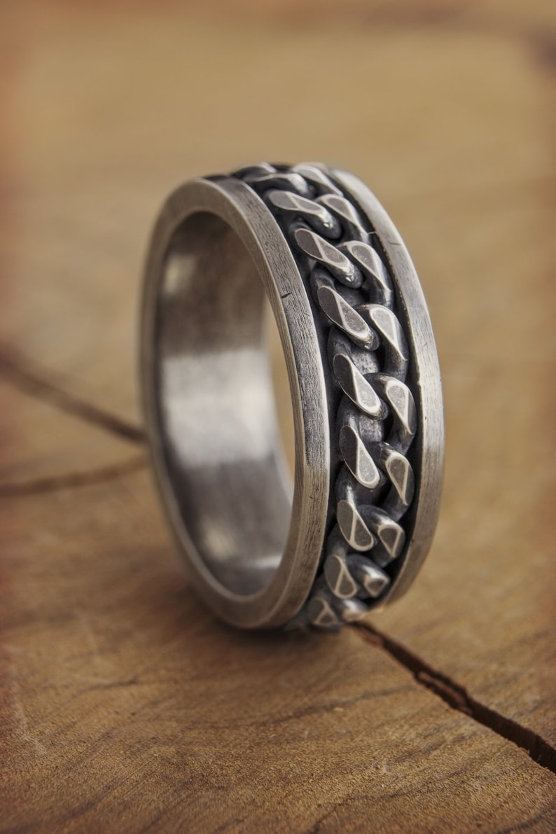 Silver Spinner Ring, Oxidized Anti-Stress Band with Loose Curb Chain, 925 Solid Sterling Silver, Ring for Men or Women 