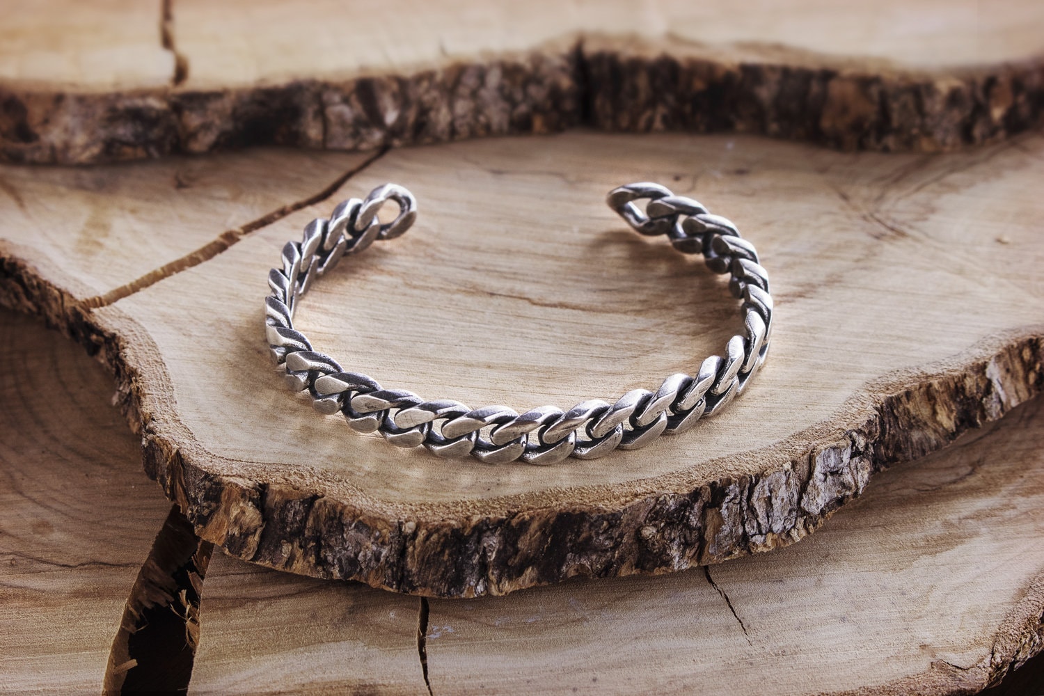 Oxidized Silver Fixed Chain Cuff Bracelet, 925 Sterling Silver