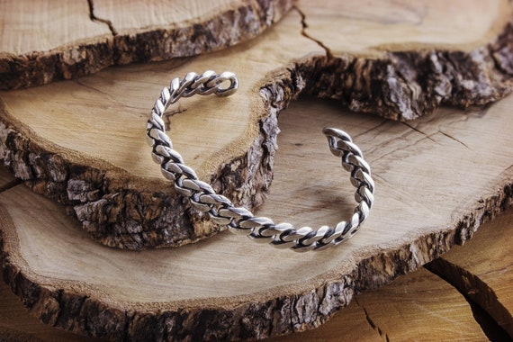 Oxidized Silver Fixed Chain Cuff Bracelet, 925 Sterling Silver