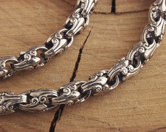 Handcrafted Beads Chain Necklace, 925 Solid Sterling Silver, Unique Patterned Design, Oxidized Chain, Gift for Men and Women