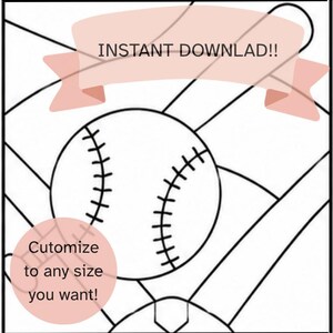 May include: A black and white line art illustration of a baseball with visible stitching, set against a background of diagonal lines. A pink banner at the top reads INSTANT DOWNLAD!! and a pink circle at the bottom left reads Cutomize to any size you want!