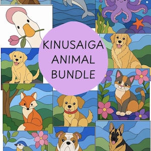 Pode incluir: Uma coleção de doze ilustrações em estilo vitral com vários animais, incluindo uma tartaruga, um golfinho, um polvo, um ganso, uma raposa, um gato e várias raças de cães. Um círculo roxo central exibe o texto KINUSAIGA ANIMAL BUNDLE.