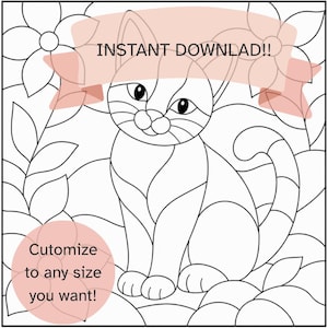 Op de afbeelding: Een zwart-wit kleurplaat met een kat die tussen bloemen zit. Een roze banner bovenaan bevat de tekst INSTANT DOWNLAD!! en een roze cirkel linksonder bevat de tekst Cutomize to any size you want!