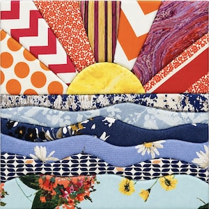 May include: A square fabric art piece depicting a sunset over water. The sun is a yellow semi-circle, with rays of red, orange, and purple fabrics. The water is represented by wavy layers of blue and patterned fabrics, creating a colorful, textured artwork.