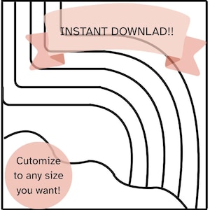 Può includere: Un grafico quadrato con linee curve nere su sfondo bianco. Un banner rosa chiaro nella parte superiore contiene il testo INSTANT DOWNLAD!! e un cerchio rosa chiaro in basso a sinistra contiene il testo Cutomize to any size you want!