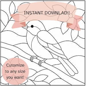 Pode incluir: Uma ilustração de arte linear em preto e branco de um pássaro empoleirado num galho rodeado por folhas e flores. A imagem apresenta uma faixa rosa com o texto INSTANT DOWNLAD!! e um círculo rosa com o texto Cutomize to any size you want!