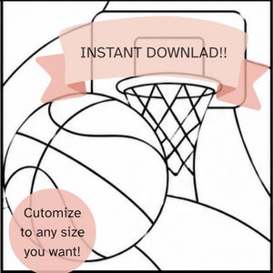 Pode incluir: Um desenho de linhas a preto e branco de uma bola de basquetebol e um cesto. Uma faixa cor-de-rosa clara no topo contém o texto INSTANT DOWNLAD!! e um círculo cor-de-rosa claro no canto inferior esquerdo contém o texto Cutomize to any size you want!