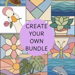 Peut inclure: Une collection de neuf illustrations graphiques carrées représentant une tortue de mer, un cœur, un coucher de soleil, une oie avec une fleur, une plante succulente, une fleur, un papillon, un paysage et un dauphin, avec un cercle violet central.