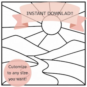 Può includere: Un disegno a linee in bianco e nero di un paesaggio con un sole, montagne e un fiume tortuoso. Un banner rosa in alto contiene il testo INSTANT DOWNLAD!! e un cerchio rosa in basso a sinistra contiene il testo Cutomize to any size you want!