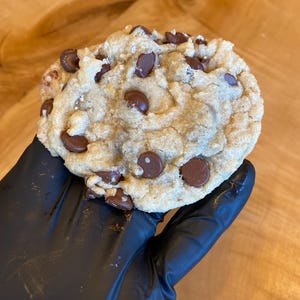 May include: A large, freshly baked chocolate chip cookie. The cookie is golden brown with numerous dark chocolate chips throughout. A dusting of powdered sugar is visible on the surface. The cookie is held by a gloved hand.