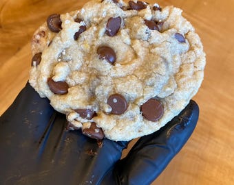 Puede incluir: Una galleta grande con chispas de chocolate recién horneada. La galleta es de color marrón dorado con numerosas chispas de chocolate negro. Se puede ver una capa de azúcar glas en la superficie. La galleta es sostenida por una mano enguantada.