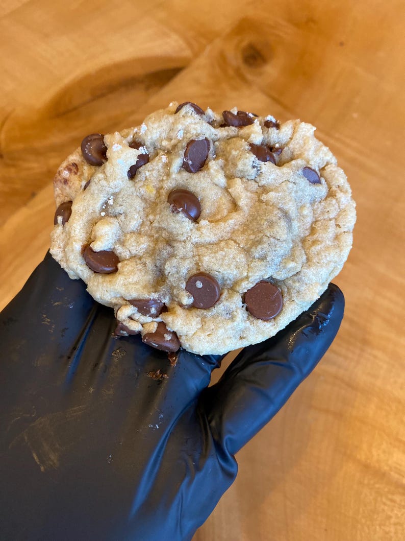 May include: A large, freshly baked chocolate chip cookie. The cookie is golden brown with numerous dark chocolate chips throughout. A dusting of powdered sugar is visible on the surface. The cookie is held by a gloved hand.