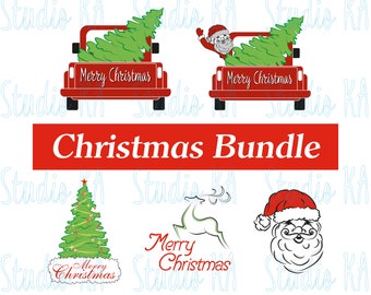 Può includere: Un pacchetto di Natale con cinque disegni festivi: un camion rosso con un albero di Natale, un camion rosso con Babbo Natale, un albero di Natale, una renna e il viso di Babbo Natale. Il testo "Merry Christmas" appare sui camion e sull'albero.