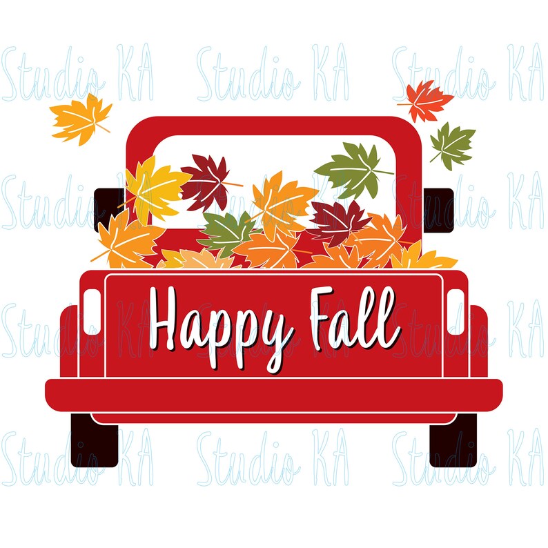 May include: Red pickup truck bed filled with colorful fall leaves. The truck has the words "Happy Fall" written on the back.