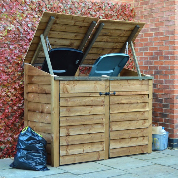 Rangement Poubelles Bois à Roulettes - 3 Portes Individuelles Avec Serrure - 198x81x120 Cm - Vert