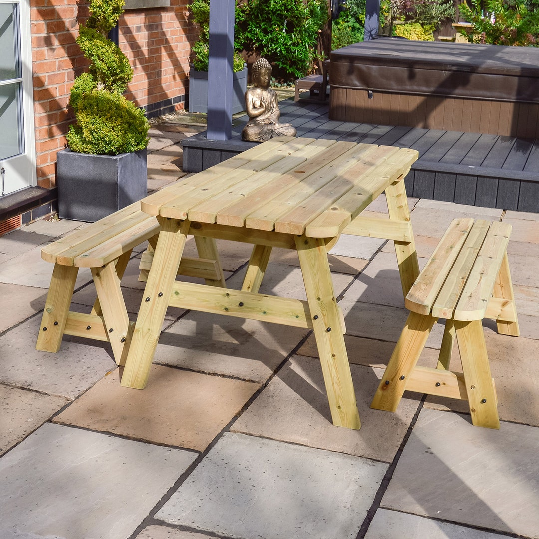 Wooden Garden Picnic Table Bench Set Oakham Rounded Picnic Etsy UK