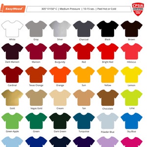 K&ouml;nnte beinhalten: Eine Tabelle mit 36 verschiedenen farbigen T-Shirts mit dem Markennamen EasyWeed oben. Die Tabelle enth&auml;lt Farben wie Wei&szlig;, Grau, Silber, Anthrazit, Schwarz, Braun, Dunkelrot, Rotbraun, Burgunderrot, Rot, Rot, Hibiskus, Kardinal, Texas Orange, Orange, Sonne, Gelb, Zitrone, Gold, Vegas Gold, Creme, Braun, Schokolade, Limette, gr&uuml;ner Apfel, Gr&uuml;n, Dunkelgr&uuml;n, T&uuml;rkis, Hellblau, Himmelblau, Hellblau, K&ouml;nigsblau, Marineblau, Lila, Flieder, Rosa, Kaugummi, Melone, Hellrosa, fluoreszierendes Rosa, fluoreszierendes Himbeerrot, fluoreszierendes Koralle, fluoreszierendes Orange, fluoreszierendes Gelb, fluoreszierendes Gr&uuml;n, fluoreszierendes Blau und Leuchtend im Dunkeln. Die Tabelle enth&auml;lt auch den Text "305&deg; F/150&deg; C | Mittlerer Druck | 10-15 Sek. | Hei&szlig; oder Kalt abziehen" und ein CPSIA Certified Child Safe Logo.