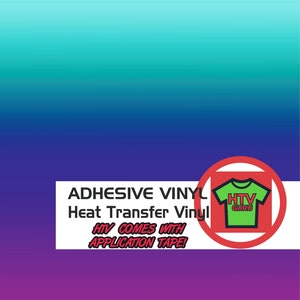 May include: A teal to purple gradient background with a white rectangle containing the text "ADHESIVE VINYL Heat Transfer Vinyl HTV COMES WITH APPLICATION TAPE!" and a red circle with a white outline containing a green t-shirt with the text "HTV GURU" in white.