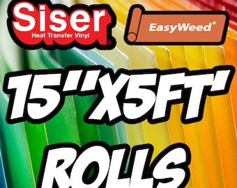 May include: A close-up of a roll of Siser EasyWeed heat transfer vinyl in various colors. The roll is 15 inches wide and 5 feet long. The text "Siser Heat Transfer Vinyl" and "EasyWeed" are visible on the image.