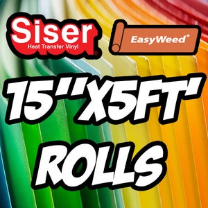 K&ouml;nnte beinhalten: Nahaufnahme einer Rolle Siser EasyWeed Heat Transfer Vinyl in verschiedenen Farben. Die Rolle ist 15 Zoll breit und 5 Fu&szlig; lang. Der Text "Siser Heat Transfer Vinyl" und "EasyWeed" ist auf dem Bild sichtbar.