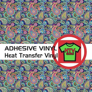 May include: A paisley patterned heat transfer vinyl sheet. The sheet is blue with pink, yellow, and green paisley designs. The text "ADHESIVE VINYL Heat Transfer Vinyl" is at the top of the sheet. A red circle with a green t-shirt inside is at the bottom right of the sheet. The t-shirt has the text "HTV GURU" on it.