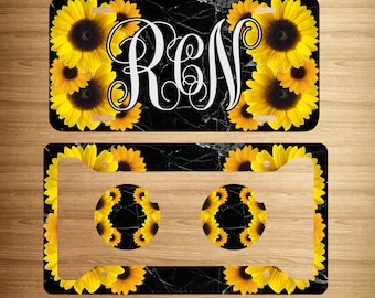 Monogrammed Sunflower Black Marble License Plate, Car Coasters, License Plate Frame, Key Chain Custom Auto Tag
