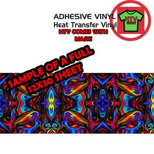 May include: A sample of a full 12x30 inch sheet of colorful heat transfer vinyl. The vinyl has a swirling, abstract pattern in shades of red, blue, yellow, and green. The text "HTV GURU" is visible in a green circle.