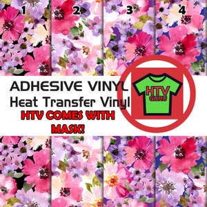 May include: Four different floral patterned heat transfer vinyl sheets. The vinyl is adhesive and comes with a mask. The text "HTV GURU" is on a green t-shirt in a red circle.
