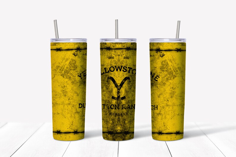 May include: Three yellow stainless steel tumblers with a distressed, vintage look. Each tumbler features a black barbed wire design, a black Yellowstone logo, and a black Y with a black outline. The middle tumbler reads "Yellowstone Dutton Ranch Montana".