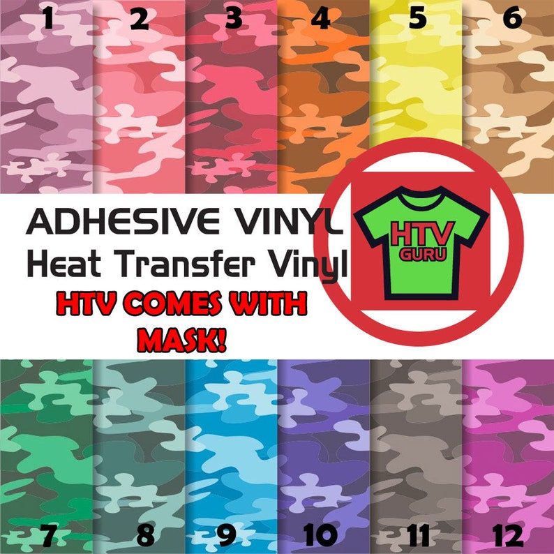 May include: Twelve different colors of camouflage heat transfer vinyl, each with a number from 1 to 12. The vinyl is adhesive and comes with a mask. The text "HTV COMES WITH MASK!" is written in white letters on a red background. The text "ADHESIVE VINYL Heat Transfer Vinyl" is written in white letters on a black background. A red circle with the text "HTV GURU" in white letters on a green background is in the center of the image.