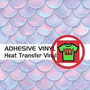 May include: A sheet of iridescent mermaid scale heat transfer vinyl. The vinyl is adhesive and can be used to create custom designs on t-shirts, bags, and other fabrics. The vinyl is shown on a white background with the text "ADHESIVE VINYL Heat Transfer Vinyl" and a red circle with a green t-shirt that says "HTV GURU".