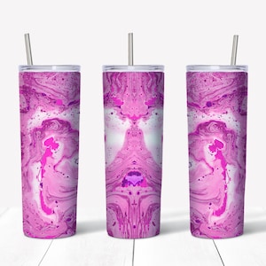 May include: Three stainless steel tumblers with pink and white marbled designs. The tumblers have lids and straws.