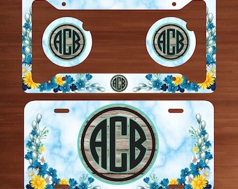 Custom Marble and Floral Monogrammed Front License Plate, Car Coasters, License Plate Frame, Key Chain