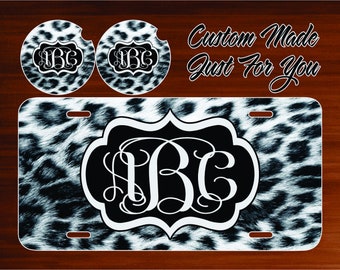 Black White Leopard Monogrammed License Plate, Car Coasters, License Plate Frame, Key Chain