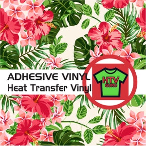 May include: Tropical floral pattern heat transfer vinyl with a red circle containing a green t-shirt with the text "HTV Guru".  ADHESIVE VINYL Heat Transfer Vinyl.