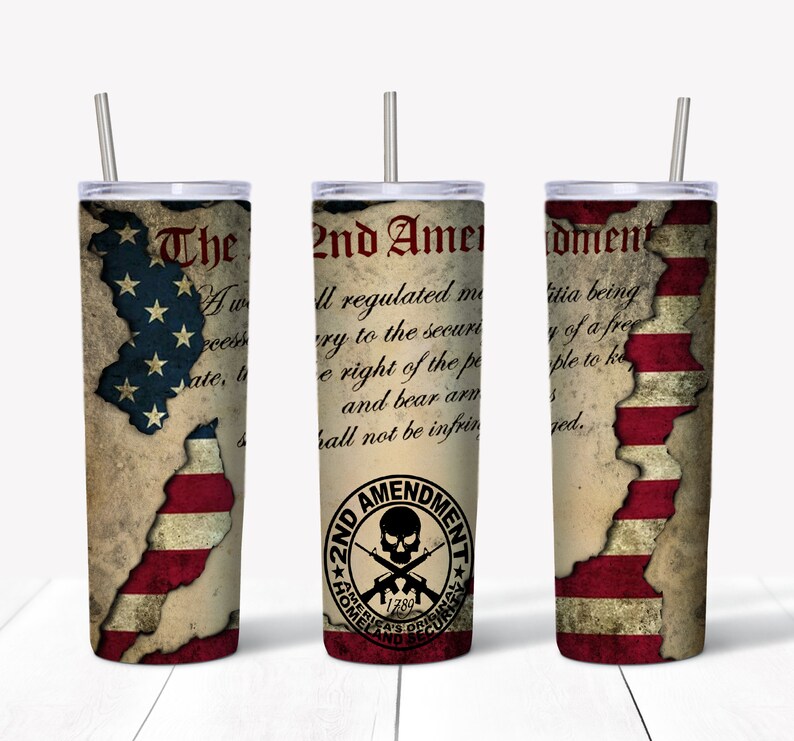May include: A stainless steel tumbler with a distressed American flag design and the text "2nd Amendment" and "America's Original Homeland Security" printed on it.