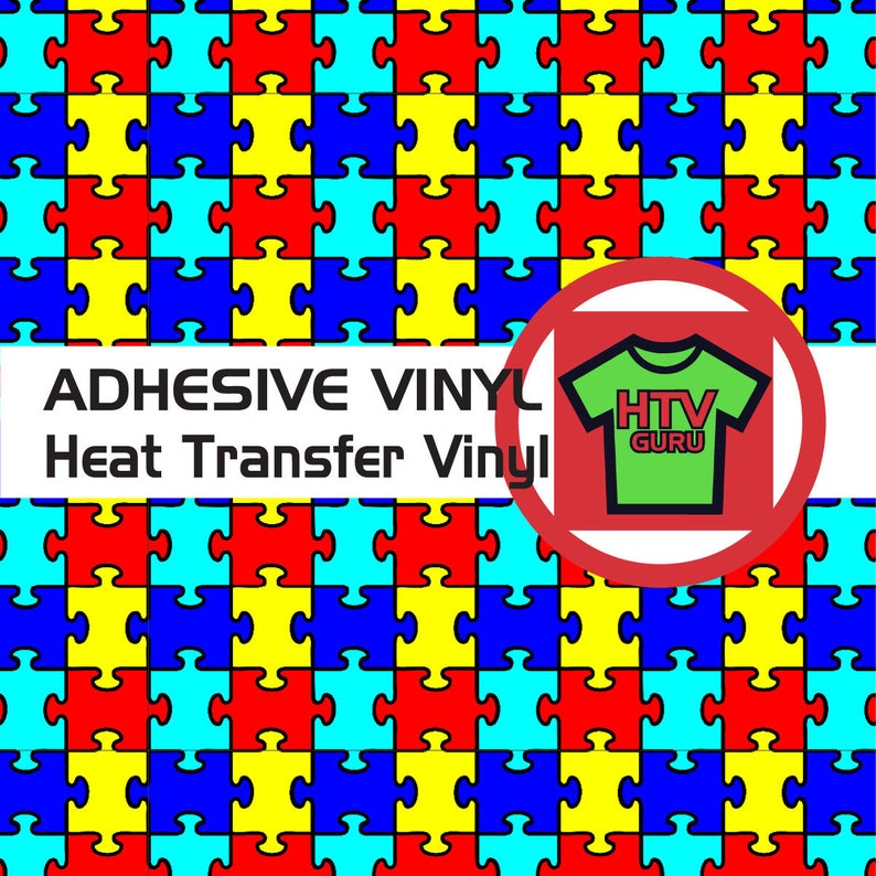 May include: A sheet of adhesive vinyl with a puzzle pattern in red, blue, yellow, and turquoise. The text "ADHESIVE VINYL Heat Transfer Vinyl" is at the top of the image. A red circle with a white outline contains a green t-shirt with the text "HTV GURU" in white.