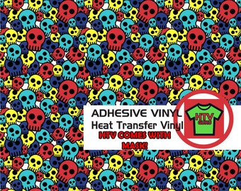 May include: A seamless pattern of colorful skull designs in red, yellow, blue, and turquoise. The skulls are arranged in a random pattern on a white background. The text "ADHESIVE VINYL Heat Transfer Vinyl HTV COMES WITH MASK!" is displayed in a white box with a red border. A red circle with a white border contains a green t-shirt with the text "HTV GURU" in white.