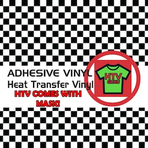 May include: Red circle with a green t-shirt that says "HTV GURU" in white text. The text below the circle says "ADHESIVE VINYL Heat Transfer Vinyl HTV COMES WITH MASK!"