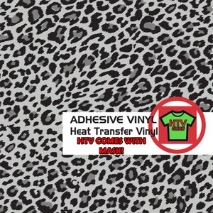 May include: Gray and black leopard print heat transfer vinyl with the text "ADHESIVE VINYL Heat Transfer Vinyl HTV COMES WITH MASK!" and a green and white logo that says "HTV GURU".