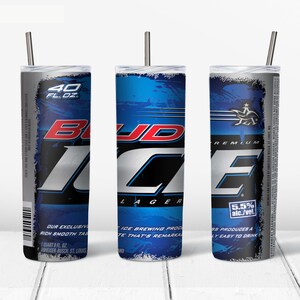 May include: Three stainless steel tumblers with a Bud Ice beer can design. The tumblers are 40 fluid ounces and have a straw.