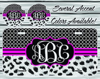 Leopard Monogram Chevron Personalized License Plate, Car Coasters, License Plate Frame, Key Chain