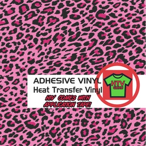 May include: Pink and black leopard print heat transfer vinyl.  The vinyl is adhesive and comes with application tape.  HTV Guru logo is in the corner.