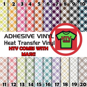 May include: A display of 20 adhesive vinyl sheets in various colors and patterns, including plaid and diamond designs. The text "ADHESIVE VINYL, Heat Transfer Vinyl, HTV COMES WITH MASK!" is displayed. A logo with the text "HTV GURU" is also present.