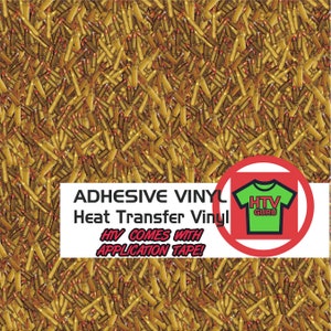 May include: A seamless pattern of gold and red bullet casings. The text "ADHESIVE VINYL Heat Transfer Vinyl HTV COMES WITH APPLICATION TAPE!" is displayed on a white rectangle. A red circle with a green t-shirt with the text "HTV GURU" is in the lower right corner.