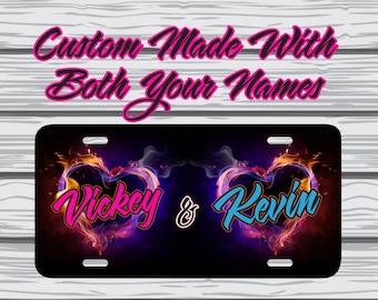 Custom Personalized Flaming Hearts Front License Plate, Car Coasters, Monogram