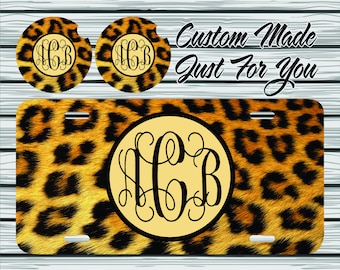 Leopard Monogram Aluminum License Plate, Car Coasters, Keychain